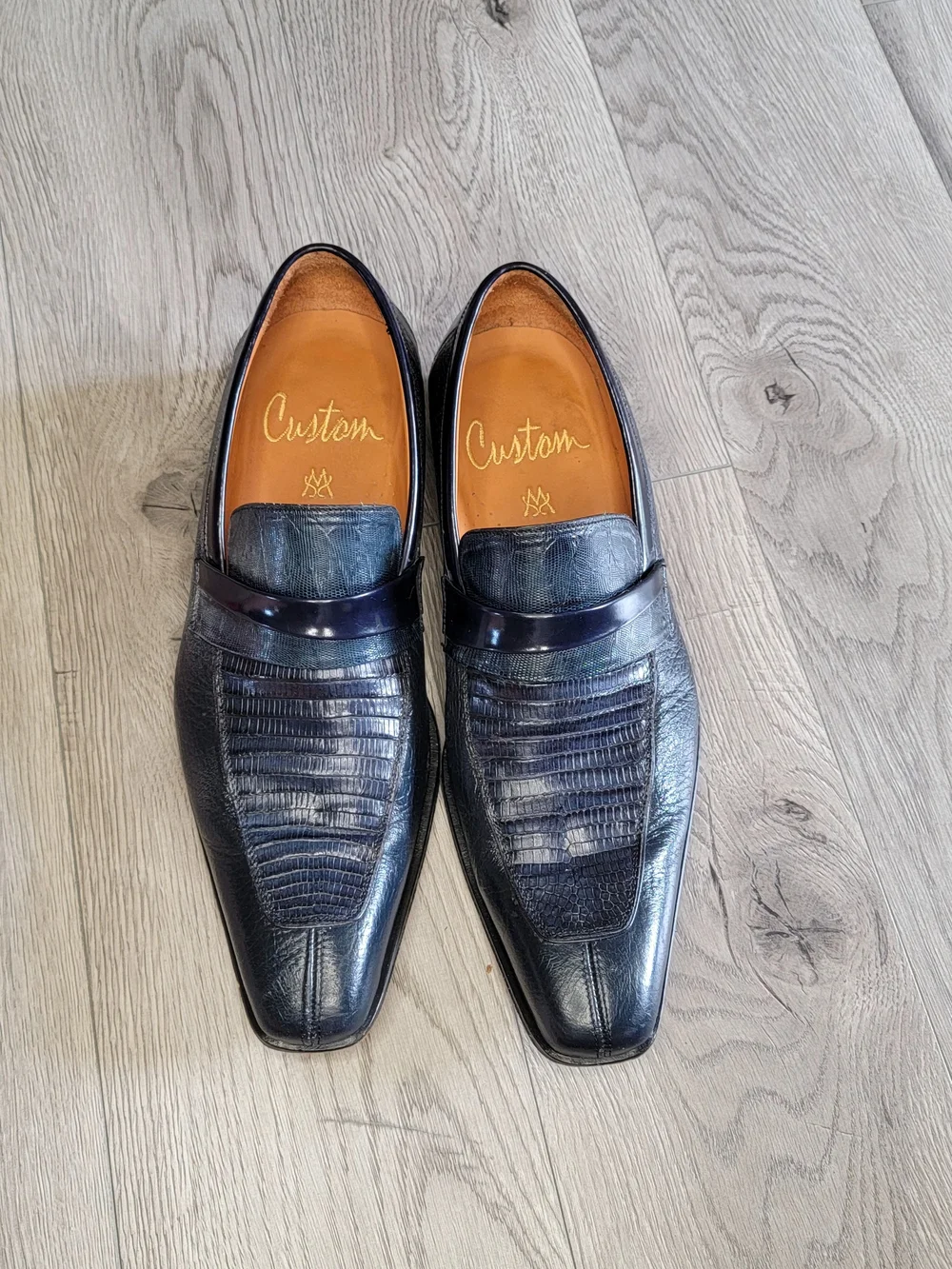 Mezlan Custom Irabu Loafers Men's Size 10 Navy Blue Lizard Leather Dress Shoes